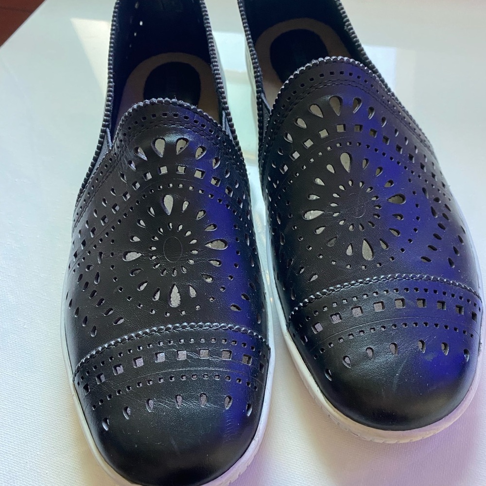 Earth Black Loafers Slip-On Shoes with Perforated Design for Women